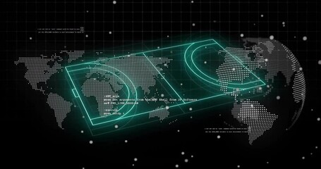 Poster - Initiating grid emitting sparks, map and globe extruding neon wireframe slab, visualizing data flow