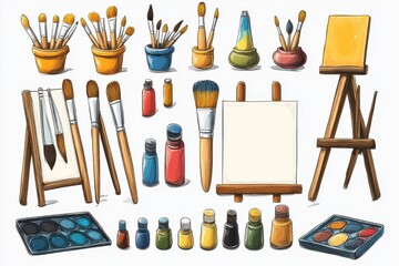 Aufkleber - Art supplies laid out on a table with various brushes, paints, and easels, creating a vibrant and creative atmosphere in a studio setting