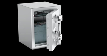 Poster - Opening and Closing Safe with Stacks of Dollar Bills, animation seamlessly loopable. 3D rendering isolated on transparent background.