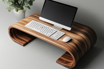 Poster - Modern wooden desk with sleek design featuring a computer setup and minimalist keyboard, perfect for a home office or workspace in a contemporary setting