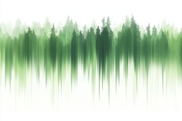 Poster - Forest landscape with tall trees fading into a misty atmosphere, showcasing varying shades of green in soft-focus during early morning light