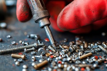 Leinwandbilder - Red robotic hand holding a metallic screw with various nuts and bolts scattered around in a modern industrial setting