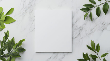 Poster - Blank canvas and greenery: A minimalistic composition of a clean, blank canvas delicately framed by vibrant green leaves, offering a sense of serene natural and organic element