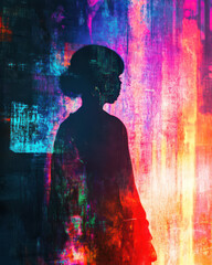 Poster - Mysterious Silhouette: An artistic silhouette of a woman stands against a backdrop of vibrant, colorful streaks, evoking a sense of mystery and intrigue.