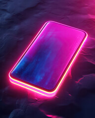 Poster - Neon-Lit Smart Phone: A cutting-edge smart phone with a sleek design radiates a vibrant, electric neon glow against a textured backdrop, encapsulating the essence of modern technology.