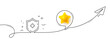 © blankstock - Medicine shield line icon. Continuous line with share plane. Medical protection sign. 3d star in speech bubble. Medical shield single line ribbon. Loop curve pattern. Vector