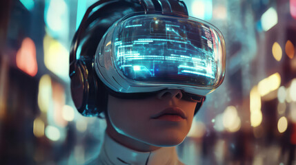 Poster - Virtual Reality Immersion: A person wearing a sleek virtual reality headset is deeply immersed in a futuristic, digital world. The image highlights the convergence of human experience and technology.
