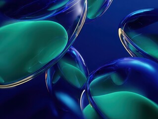 Poster - Abstract render of blue and green liquid drops with smooth surface texture against dark background