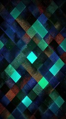 Poster - Colorful abstract pattern of blue, green, and brown squares with diagonal lines and glowing squares
