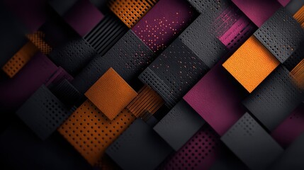 Poster - Abstract arrangement of geometric shapes with varying textures in orange, purple and black colors