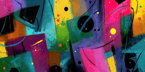 Poster - Colorful abstract expressionist painting with geometric shapes and artistic brush strokes and splatters