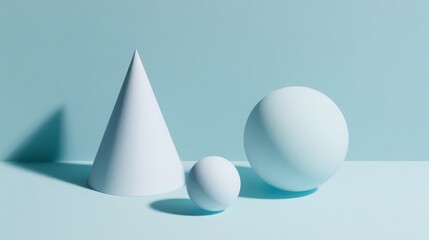 Poster - Geometric shapes in light blue color, cone and two spheres on a surface