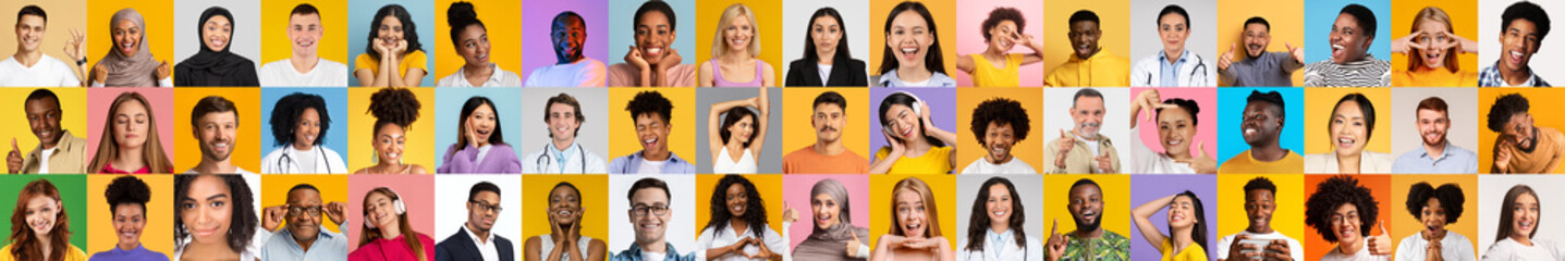 Poster - A vibrant collage features diverse individuals exhibiting a range of emotions. Each person represents different backgrounds and showcases a joyful demeanor against colorful backdrops.