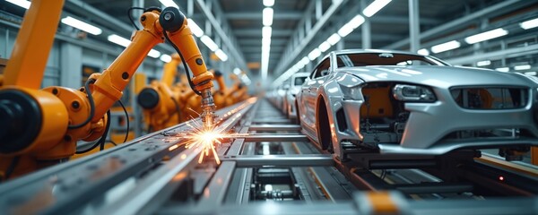 Poster - Automobile assembly line welding car bodies. Modern automotive manufacturing plant. Automated industrial robots build metallic vehicles. Conveyor belt production. Auto tech, car industry, engineering.