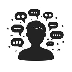 Silhouette of a man with multiple chat bubbles around, representing communication, feedback, messaging, discussion, conversation, chat, talk, social media