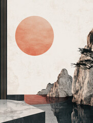 Poster - Abstract Mountain Lake: Minimalist art embodies the serene beauty of mountain, a picturesque view of a tranquil lake with an abstract sun.