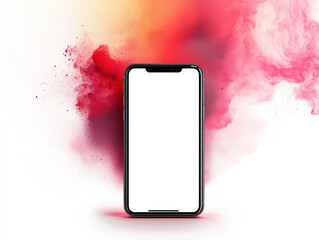 Poster - Smartphone Display with Artistic Flair: A modern smartphone featuring a crisp, blank display, set against a backdrop of dynamic, swirling colorful artistry, ideal for showcasing apps, designs.