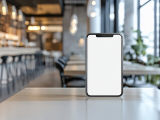 Poster - Smartphone on Cafe Table: A sleek smartphone, its screen a blank canvas of possibilities, rests on a wooden table in a stylish cafe, hinting at the digital connections awaiting exploration.