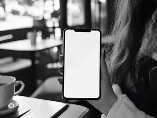 Poster - Blank Phone in cafe: A modern phone with a blank screen is held up by a person in cafe environment. The scene creates a sense of anticipation for the latest technology and communication.