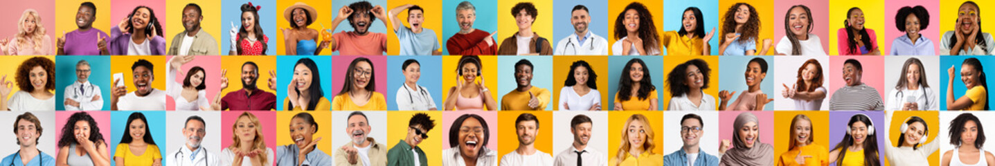 Poster - A vibrant collection of portraits features individuals from various backgrounds, all displaying happiness and connection. The bright colors enhance the sense of diversity and camaraderie among them.