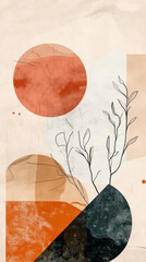 Poster - Abstract Botanical Harmony: A minimalist digital artwork, blending geometric shapes, sun and subtle colors with delicate line-art botanical elements in an aesthetically pleasing design.