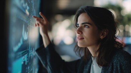 Leinwandbilder - Young Woman Analyzing Stock Market Data on Large Screen, Representing Financial Planning and Investment Strategy for Business Growth and Success : Generative AI
