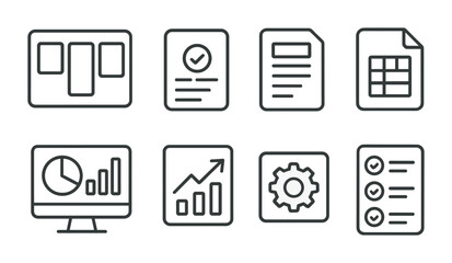Poster - project management outline icons set – linear, task planning, workflow symbols
