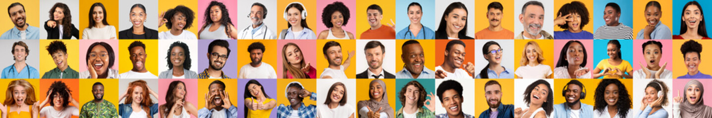 Poster - A vibrant collage showcases joyful faces of people from various backgrounds. Set against bright backgrounds, this collection reflects the beauty of diversity and inclusivity.