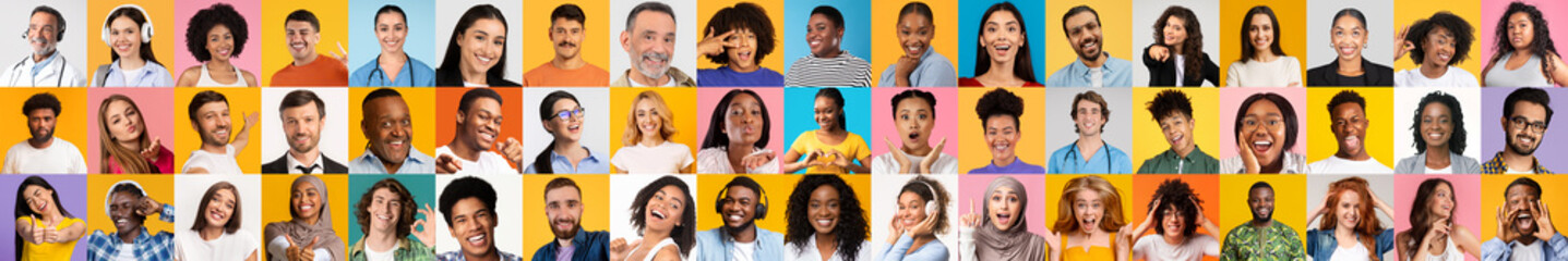 Poster - A vibrant collage showcases diverse individuals smiling and expressing joy against colorful backgrounds. Each person conveys a sense of community and inclusivity in multiple lifestyle settings.