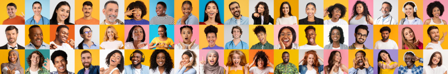 Aufkleber - A lively collection of portraits featuring diverse individuals expressing joy and togetherness. Each face highlights the beauty of multiracial representation against colorful backgrounds.