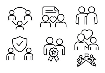 Poster - Team collaboration outline icons set – linear, teamwork, communication symbols