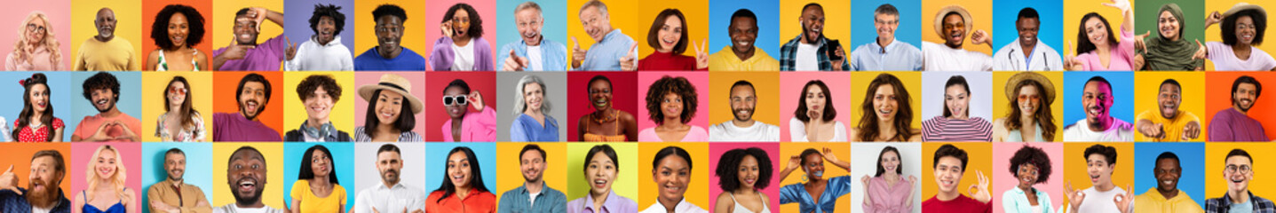 Poster - A vibrant collage features diverse individuals smiling and expressing joy. Each person is set against a colorful background, showcasing a range of lifestyles in a lively collection.