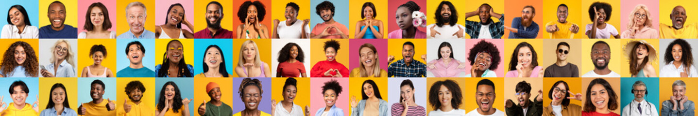 Poster - A vibrant collage features diverse faces expressing happiness. Each individual brings unique features and backgrounds, showcasing the beauty of diversity and togetherness.