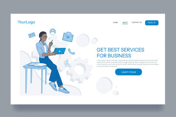 Poster - Businesswoman using tablet while sitting on desk, surrounded by service icons, in flat graphic style, on white background. Concept of digital business solutions. Vector illustration