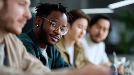 Fototapete - Smiling African American Man in Glasses at Meeting, Representing Diversity and Inclusive Workplace Culture for Teamwork and Collaboration : Generative AI