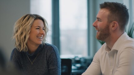 Aufkleber - Smiling Businesswoman and Businessman Talking During Meeting, Showcasing Teamwork and Corporate Communication for Collaboration and Innovation : Generative AI