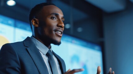 Poster - African American Businessman Giving Presentation in Modern Office, Showcasing Leadership and Corporate Strategy for Professional Development and Team Motivation : Generative AI