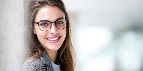 Poster - Smiling Young Woman With Glasses, Representing Intelligence and Professionalism, Perfect for Recruitment and Corporate Communications Campaigns : Generative AI