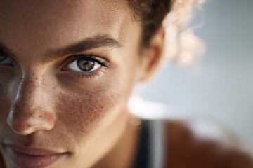 Aufkleber - Close Up Portrait of a Woman With Freckles, Showcasing Natural Beauty and Skin Positivity for Wellness and Self-Care Campaigns : Generative AI