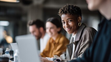 Fototapete - Smiling Young Woman in Business Meeting With Laptop, Representing Teamwork and Corporate Collaboration for Recruitment and Professional Development Opportunities : Generative AI