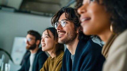 Aufkleber - Diverse Group of Professionals Smiling in a Meeting, Illustrating Teamwork and Corporate Vision, Ideal for Recruitment and Employee Engagement Campaigns : Generative AI