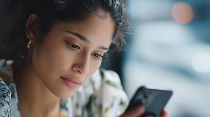 Leinwandbilder - Woman Using Smartphone in Cafe, Demonstrating Mobile Connectivity and Digital Lifestyle, Perfect for Social Media Marketing and Modern Communication Concepts : Generative AI