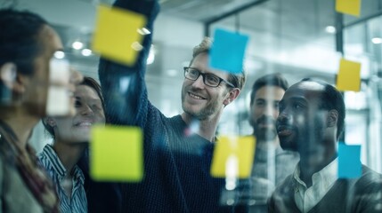 Fototapete - Diverse Team Brainstorming on Glass Board With Sticky Notes, Illustrating Collaboration and Innovation in Business Strategy : Generative AI