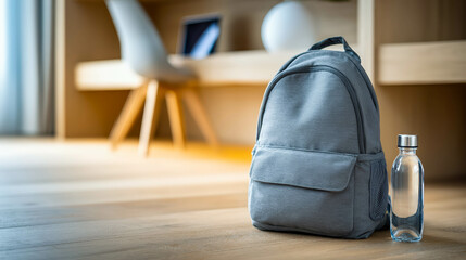 Aufkleber - Backpack on Floor Next to Desk With Laptop and Water Bottle in Soft Indoor Lighting