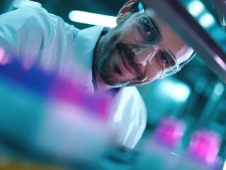 Poster - Scientist Examining Test Tubes in Laboratory Under Teal Lighting, Illustrating Medical Research and Pharmaceutical Innovation for Healthcare Solutions : Generative AI