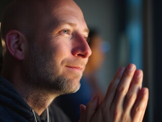 Aufkleber - Pensive Man Looking Out Window With Hands Clasped, Representing Contemplation and Personal Reflection in a Quiet Moment of Introspection : Generative AI
