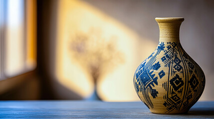 Poster - Handcrafted Clay Pot With Geometric Patterns on a Wooden Table Illuminated by Natural Light