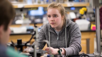 Aufkleber - Young Woman Concentrating on Science Experiment in Laboratory, Illustrating Education and Scientific Discovery, With Focus on Learning and Academic Achievement : Generative AI