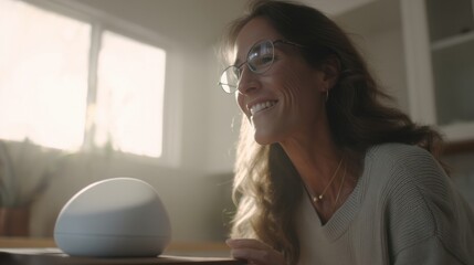 Aufkleber - Smiling Woman Interacting With Smart Home Device in Bright Kitchen, Showcasing Home Automation and Modern Communication Technology : Generative AI
