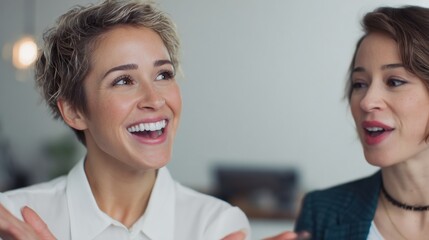 Aufkleber - Two Smiling Businesswomen Discussing Strategy in a Bright Office, Illustrating Collaboration and Corporate Communication : Generative AI
